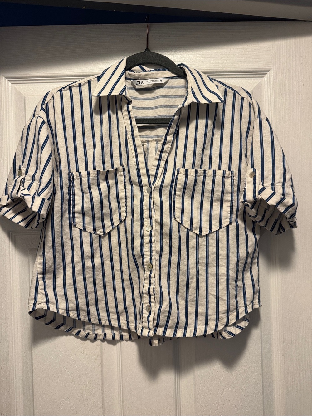 Zara Cropped Button Down Vertical Striped Top, Linen and Viscose